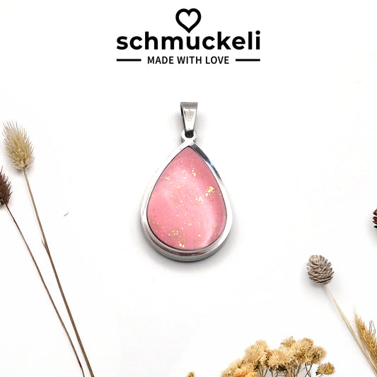 Tropfen Anhänger Rosenglanz – Romantisches Schmuckstück aus Edelstahl, Polymer Clay und funkelndem UV-Resin - mit 45 cm langer Edelstahlkette