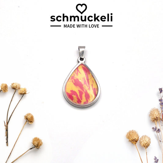 Tropfen Anhänger Sommersinn – Kettenanhänger in sonniger Marmoroptik, handgefertigt aus Edelstahl & Polymer Clay - mit 45 cm langer Edelstahlkette