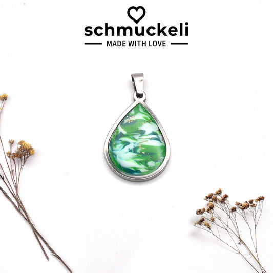 Tropfen Anhänger Waldglanz– Schmuckanhänger wie ein Tanz aus Licht und Blättern, handgefertigt aus Edelstahl & Polymer Clay - mit 45 cm langer Edelstahlkette