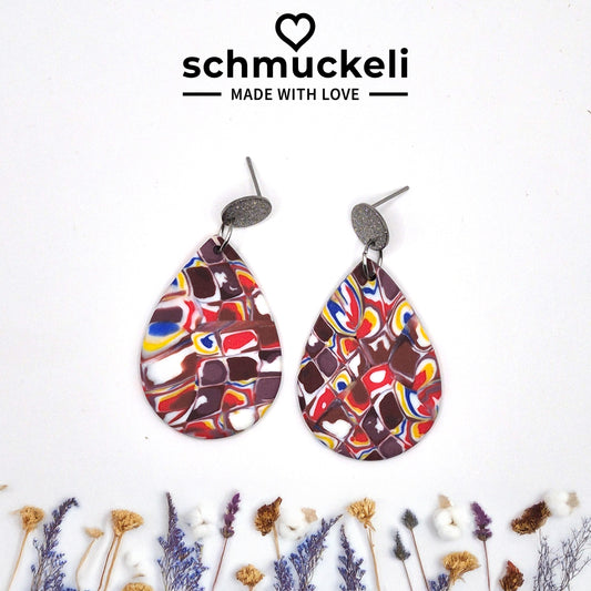 Wirbela – Bunte Tropfen-Ohrringe aus Polymer Clay
