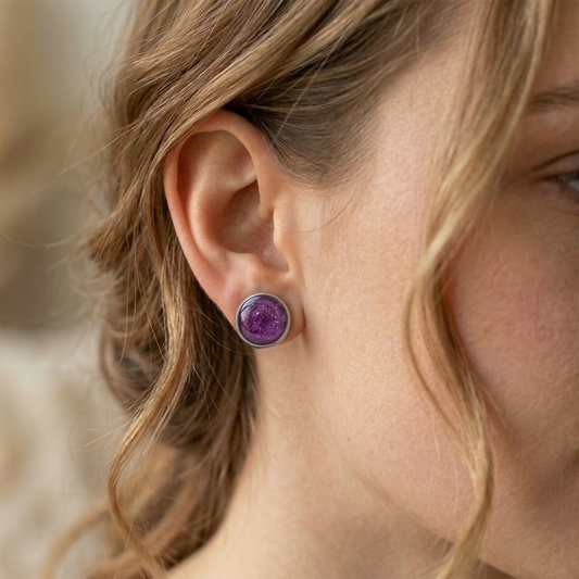Marmorierte Ohrstecker in Violett Glitzer | Größe L (12 mm)