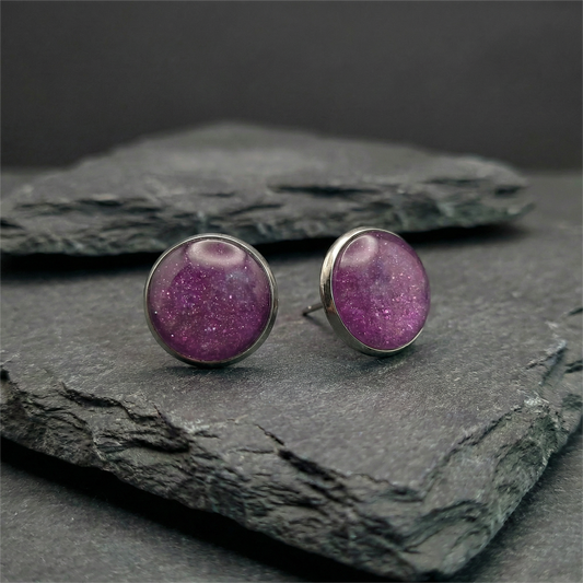 Marmorierte Ohrstecker in Violett Glitzer | Größe L (12 mm)