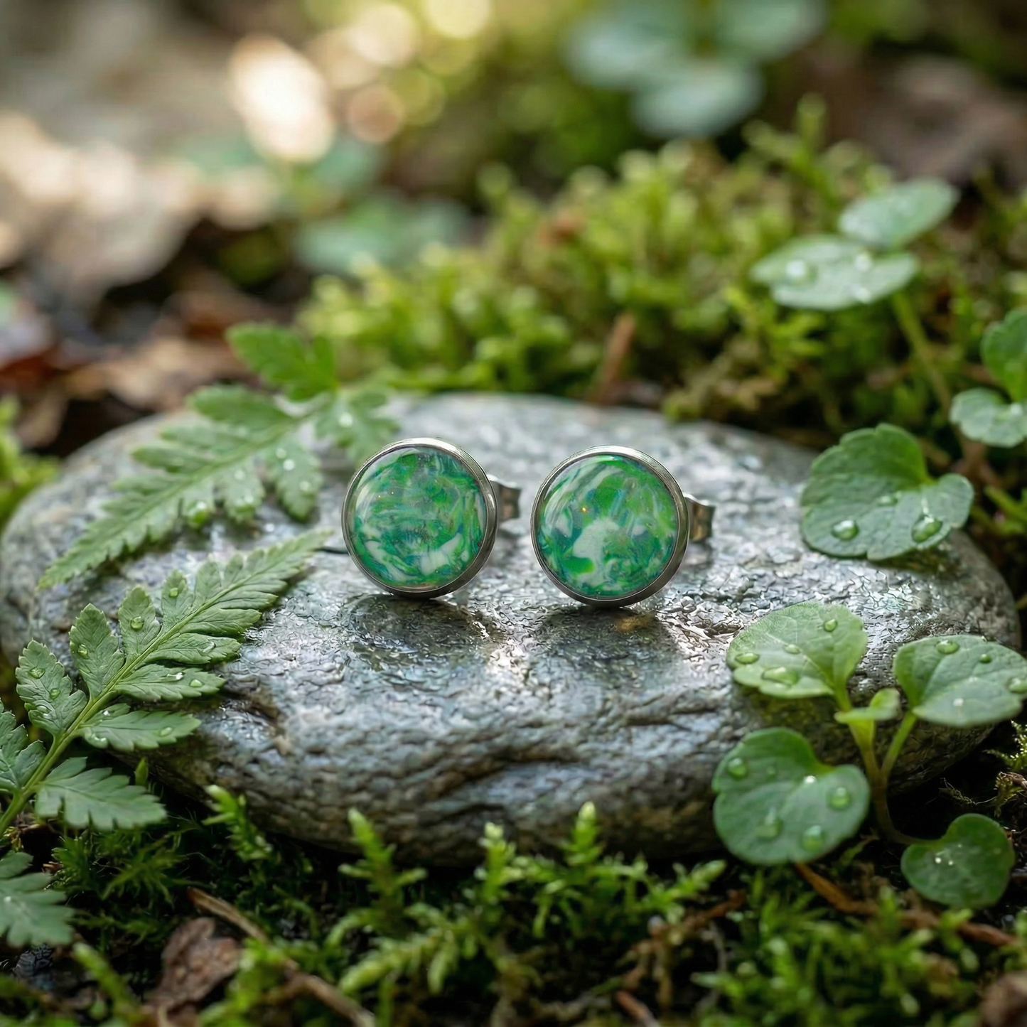 Marmorierte Ohrstecker in Dunkelgrün | Größe L (12 mm)