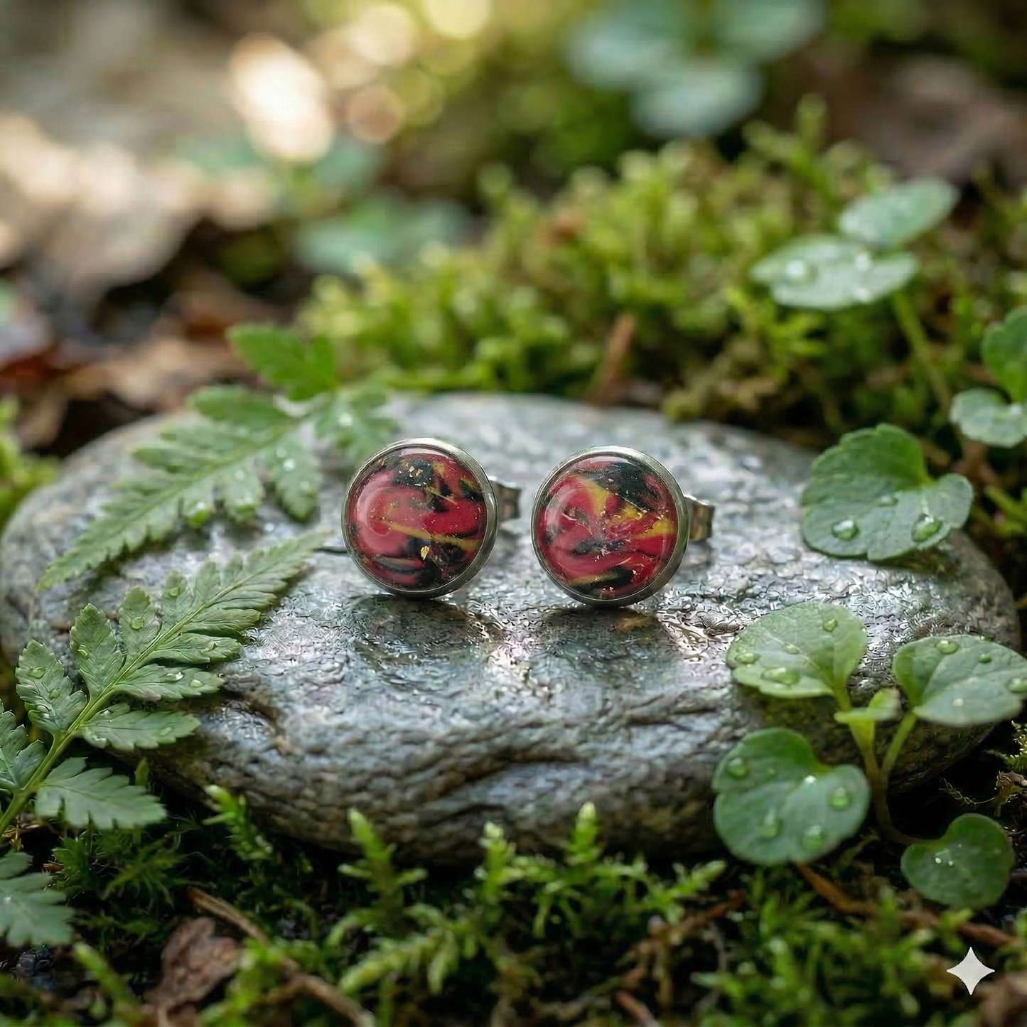 Marmorierte Ohrstecker in Rot-Schwarz-Gold | Größe M (10 mm)