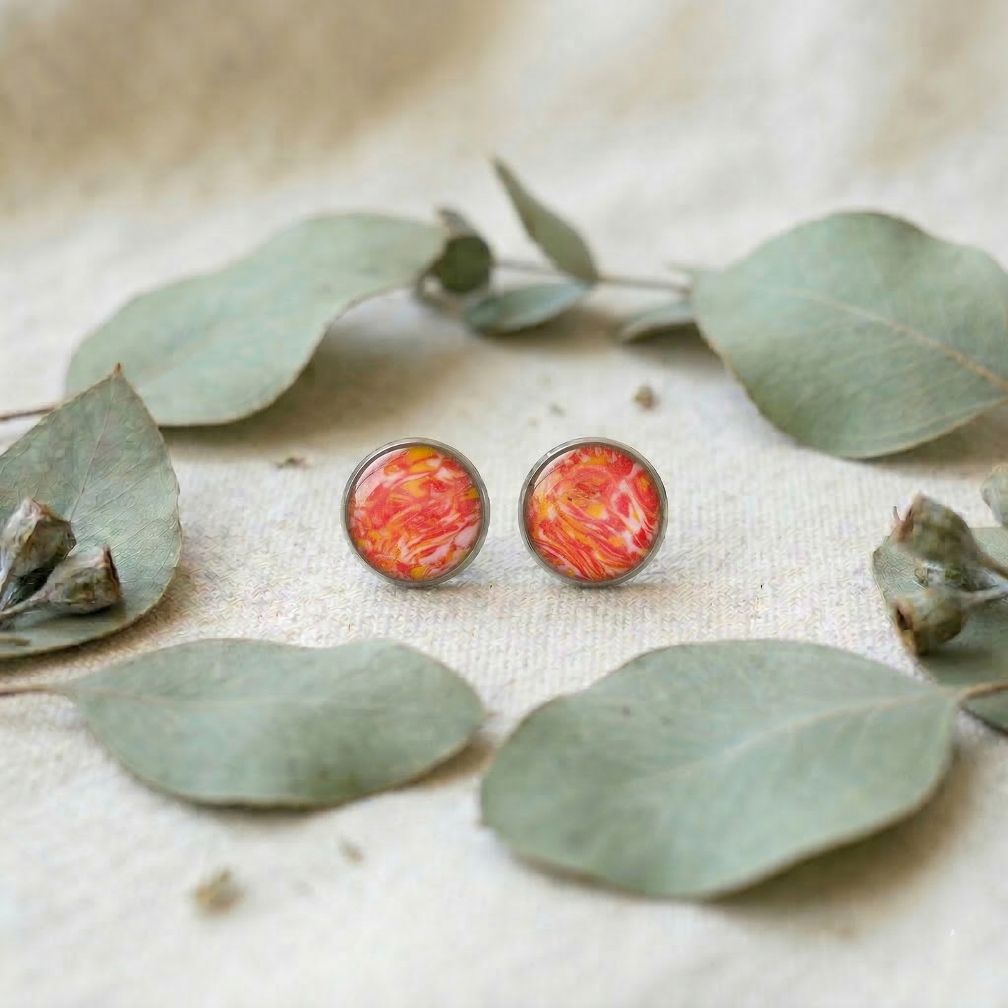 Marmorierte Ohrstecker in Orange-Gelb | Größe L (12 mm)