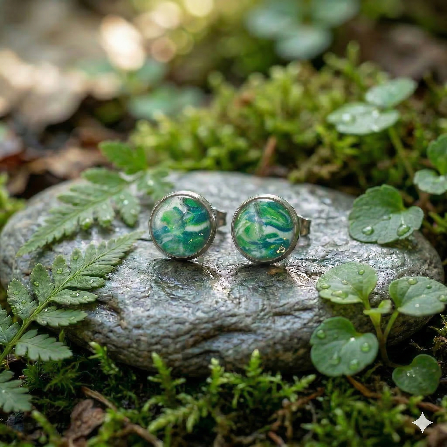 Marmorierte Ohrstecker in Grün-Blau-Weiß | Größe M (10 mm)