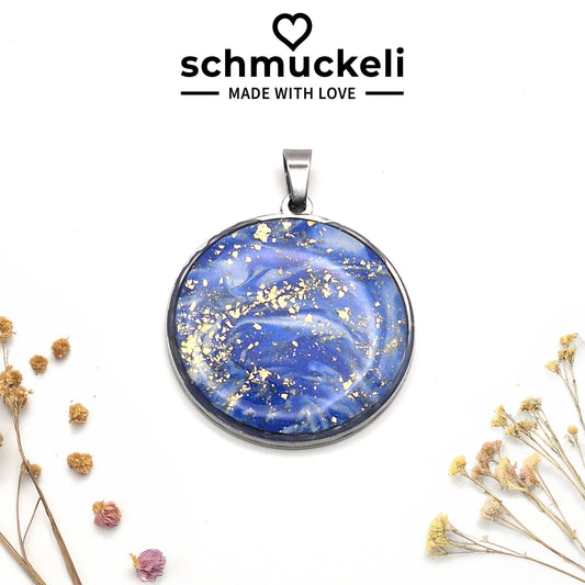 Runder XL Anhänger Sternenglanz – Funkelnder Nachthimmel in Blau/Gold - mit 45 cm langer Edelstahlkette