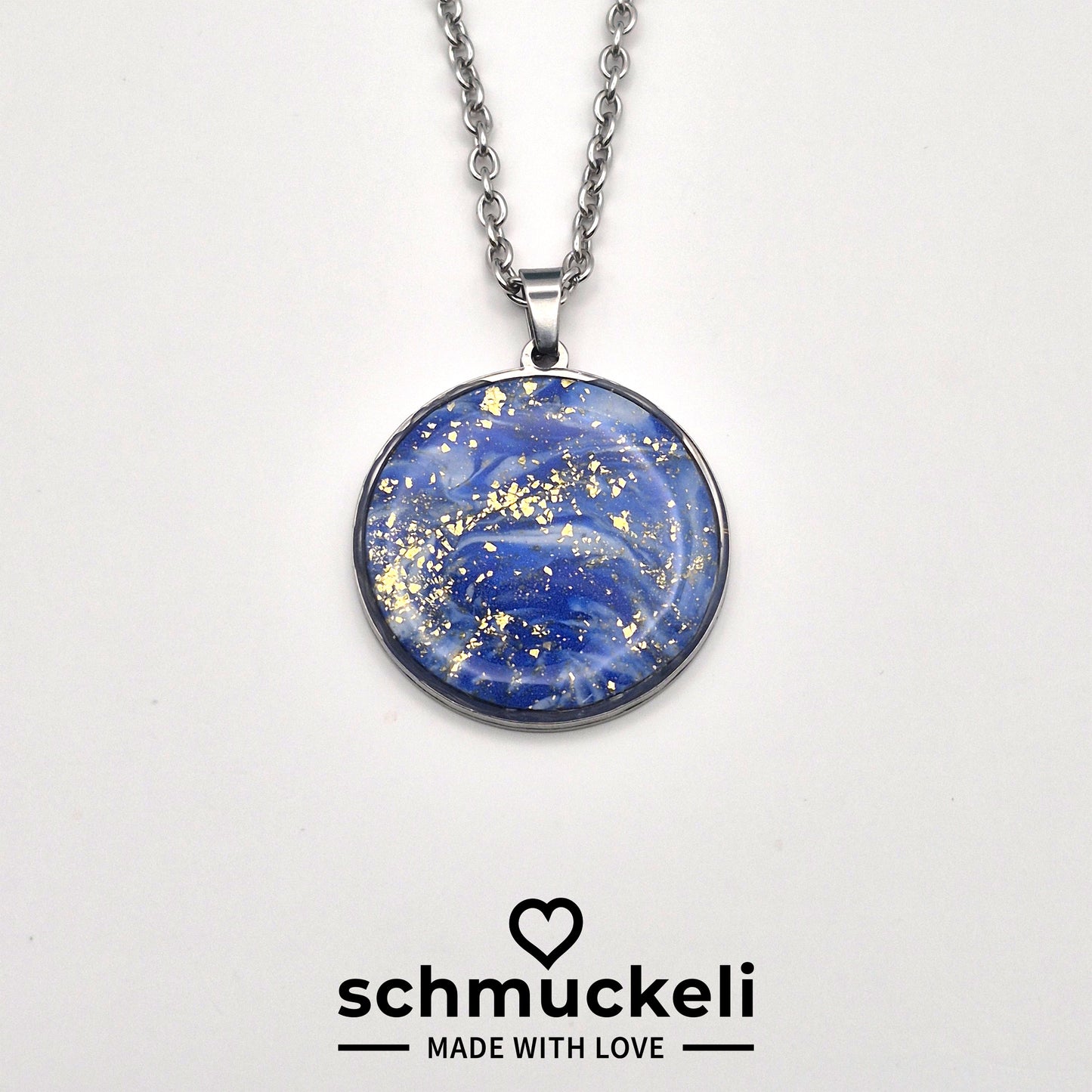 Runder XL Anhänger Sternenglanz – Funkelnder Nachthimmel in Blau/Gold - mit 45 cm langer Edelstahlkette