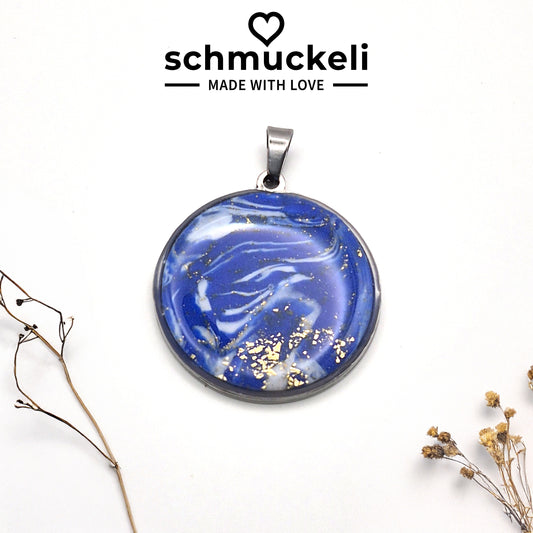Runder XL Anhänger Sternenglanz – Funkelnder Nachthimmel in Blau/Gold - mit 45 cm langer Edelstahlkette