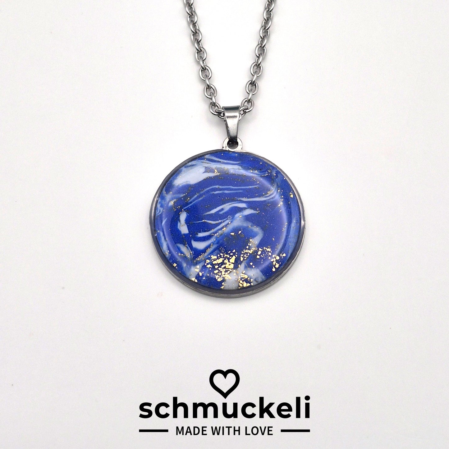 Runder XL Anhänger Sternenglanz – Funkelnder Nachthimmel in Blau/Gold - mit 45 cm langer Edelstahlkette