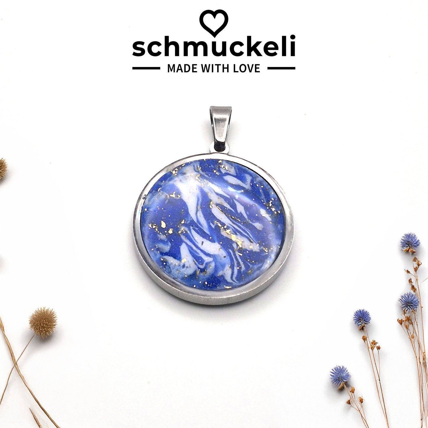 Runder Anhänger Sternenglanz – Funkelnder Nachthimmel in Blau/Gold - mit 45 cm langer Edelstahlkette