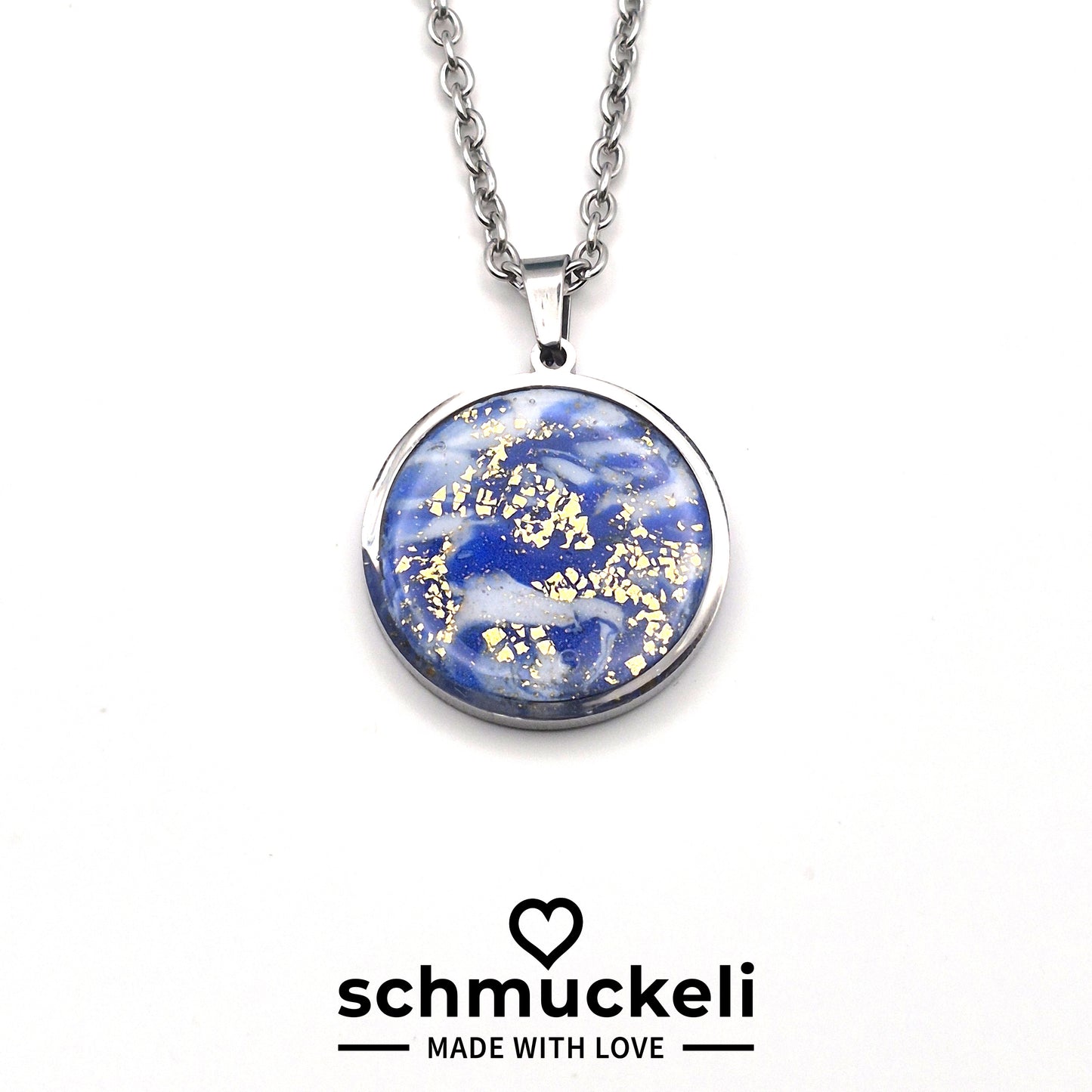 Runder Anhänger Sternenglanz – Funkelnder Nachthimmel in Blau/Gold - mit 45 cm langer Edelstahlkette