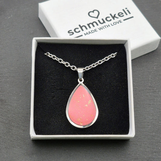 Tropfen Anhänger Rosenglanz – Romantisches Schmuckstück aus Edelstahl, Polymer Clay und funkelndem UV-Resin - mit 45 cm langer Edelstahlkette