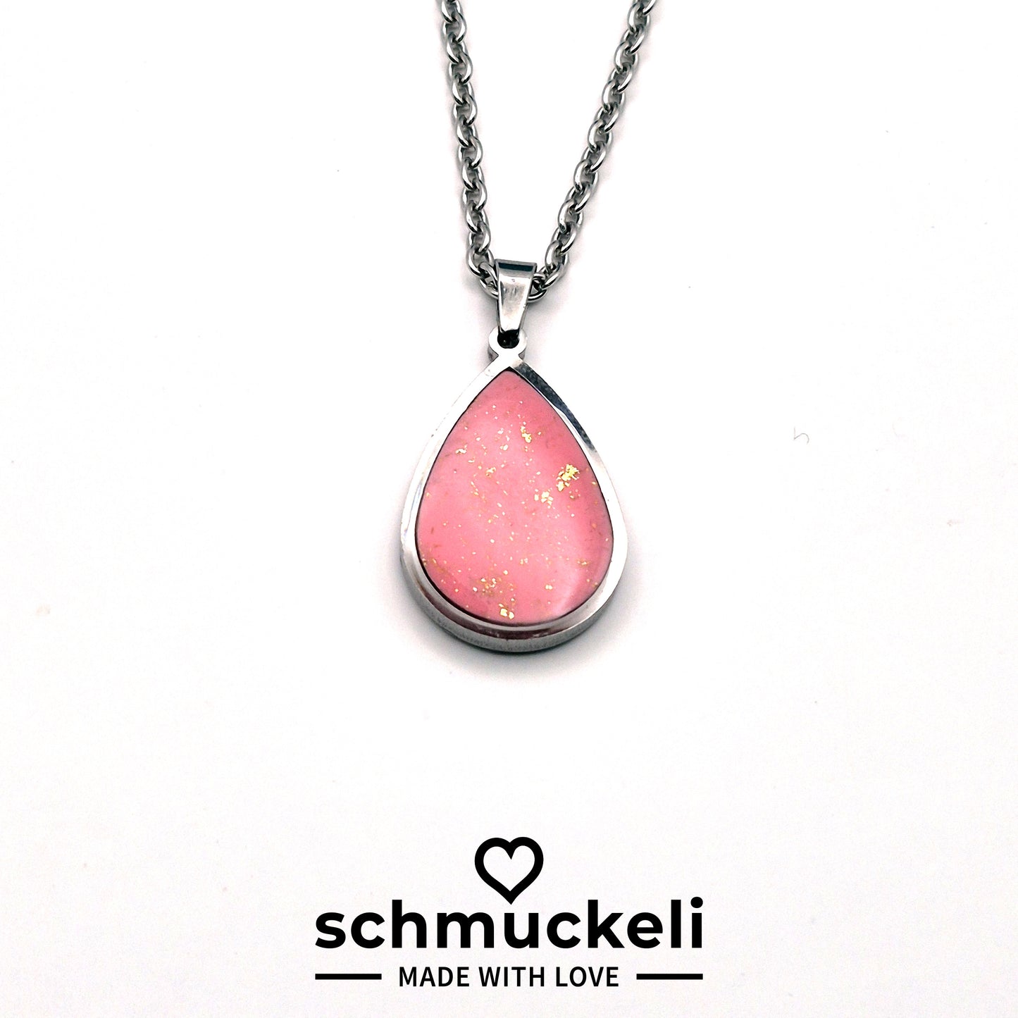 Tropfen Anhänger Rosenglanz – Romantisches Schmuckstück aus Edelstahl, Polymer Clay und funkelndem UV-Resin - mit 45 cm langer Edelstahlkette