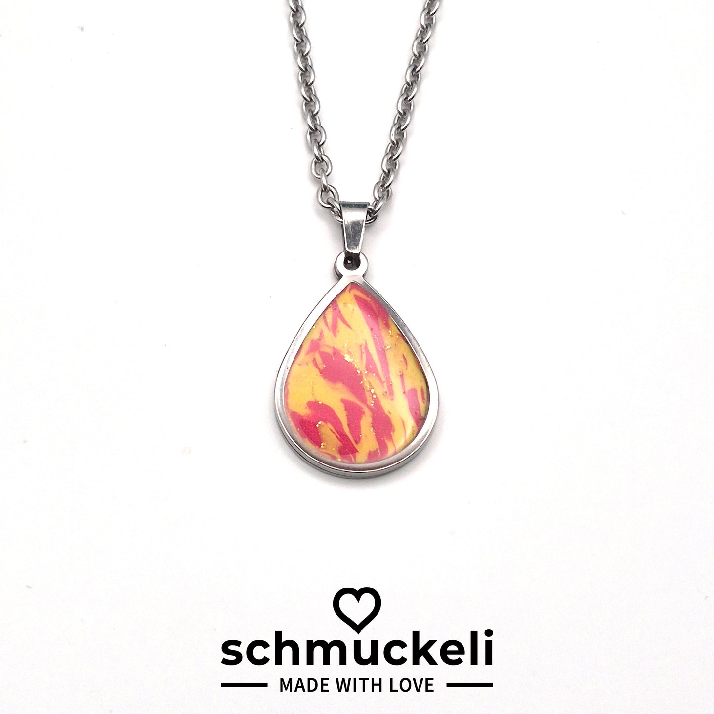 Tropfen Anhänger Sommersinn – Kettenanhänger in sonniger Marmoroptik, handgefertigt aus Edelstahl & Polymer Clay - mit 45 cm langer Edelstahlkette