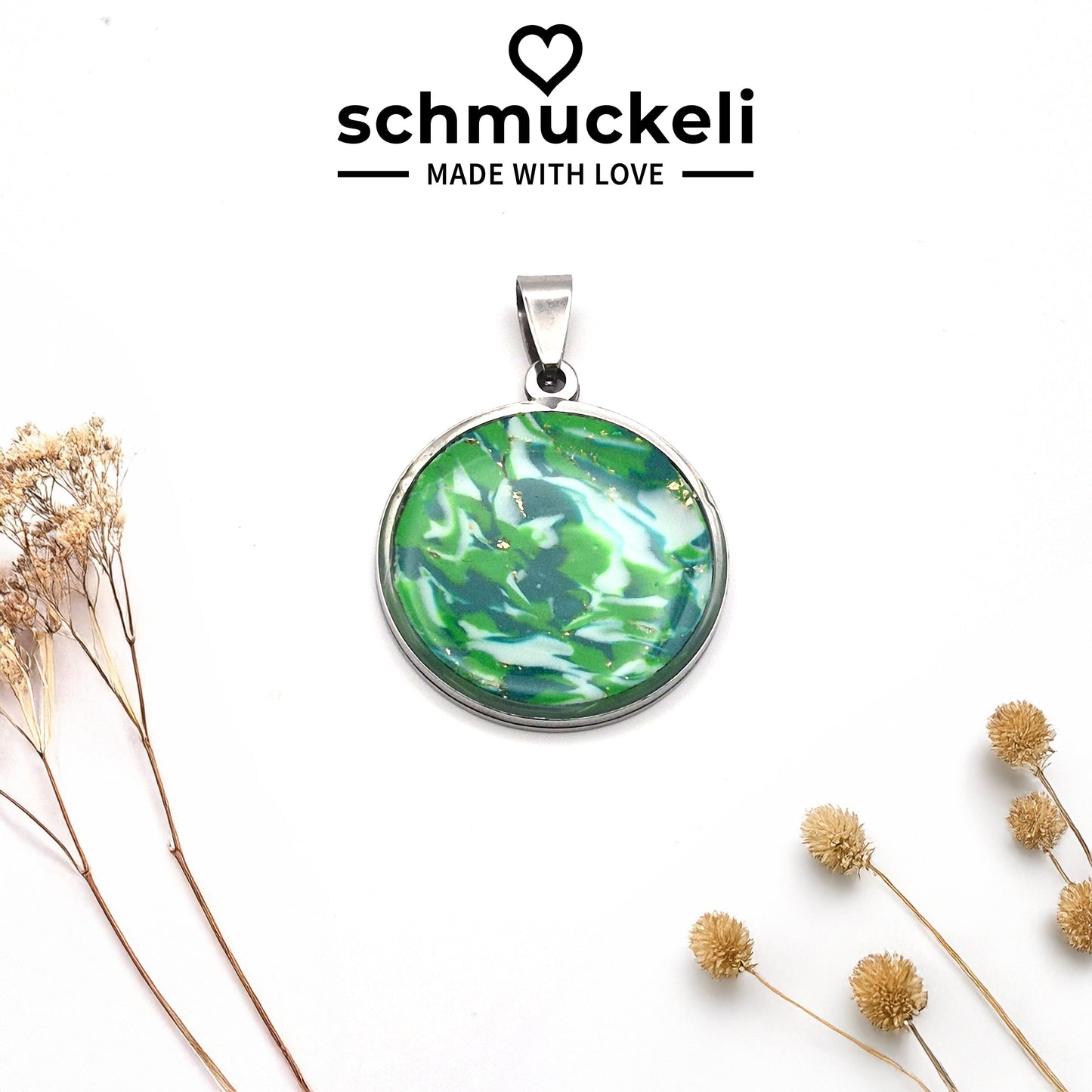 Runder Anhänger Waldglanz– Schmuckanhänger wie ein Tanz aus Licht und Blättern, handgefertigt aus Edelstahl & Polymer Clay - mit 45 cm langer Edelstahlkette