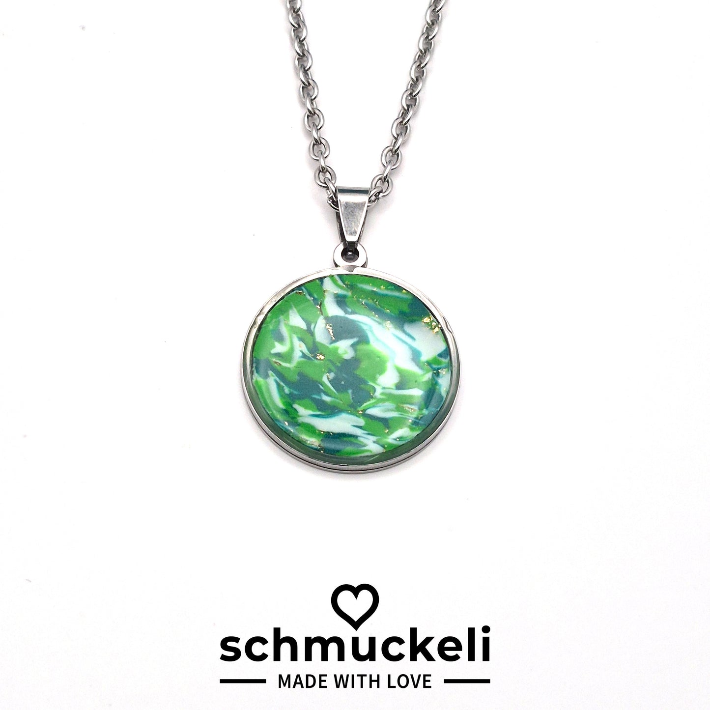 Runder Anhänger Waldglanz– Schmuckanhänger wie ein Tanz aus Licht und Blättern, handgefertigt aus Edelstahl & Polymer Clay - mit 45 cm langer Edelstahlkette