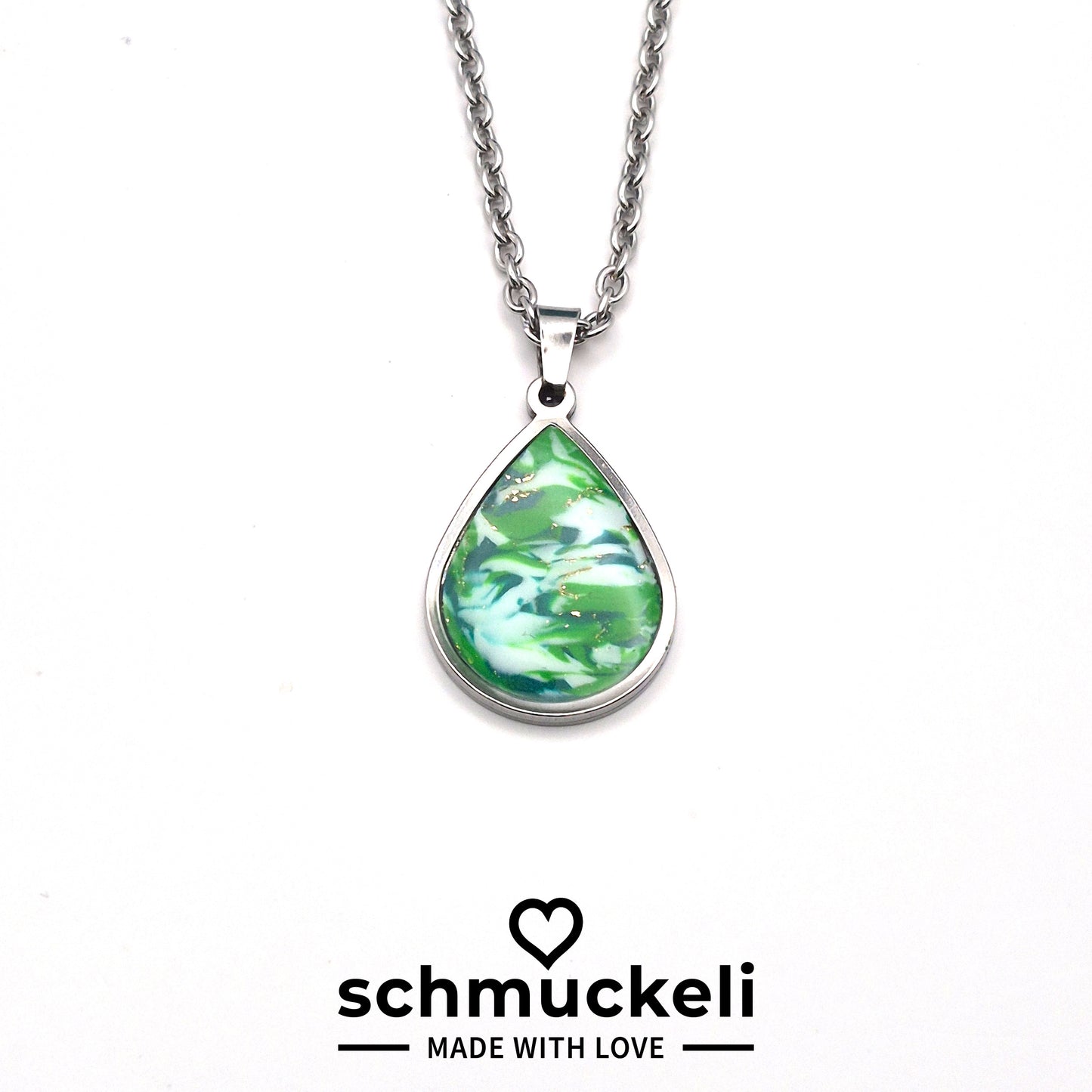 Tropfen Anhänger Waldglanz– Schmuckanhänger wie ein Tanz aus Licht und Blättern, handgefertigt aus Edelstahl & Polymer Clay - mit 45 cm langer Edelstahlkette