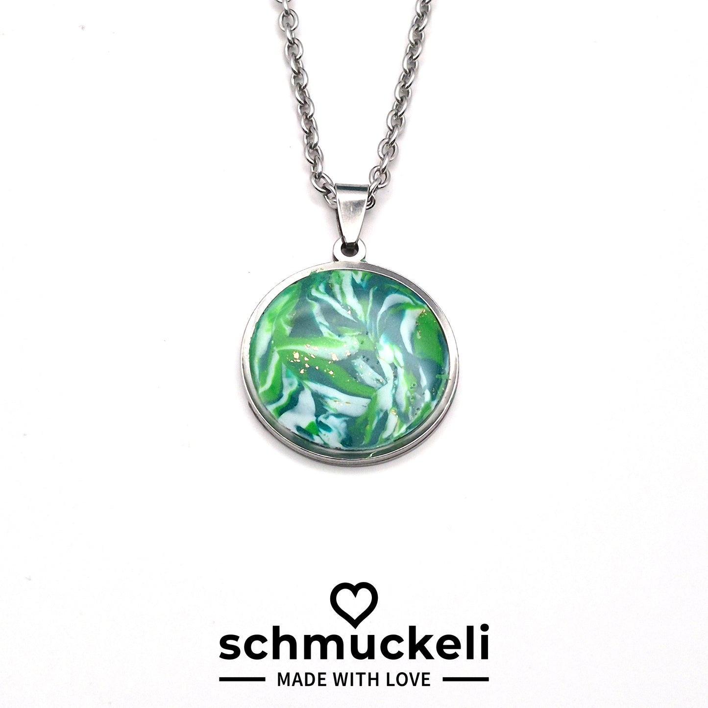 Runder Anhänger Waldglanz– Schmuckanhänger wie ein Tanz aus Licht und Blättern, handgefertigt aus Edelstahl & Polymer Clay - mit 45 cm langer Edelstahlkette