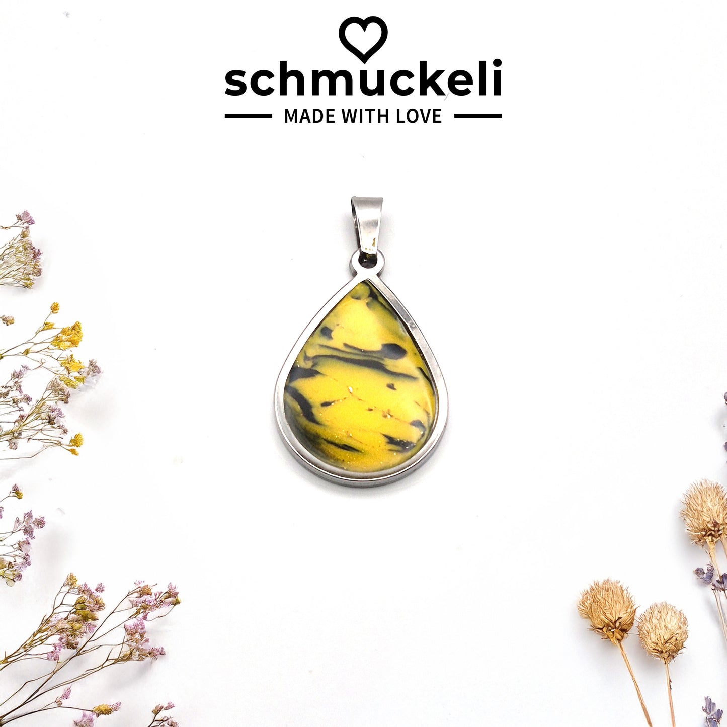 Tropfen Anhänger Sturmgelb – Handgemachter Sonnenwirbel im Edelstahlrahmen, versiegelt mit glänzendem Harz - mit 45 cm langer Edelstahlkette