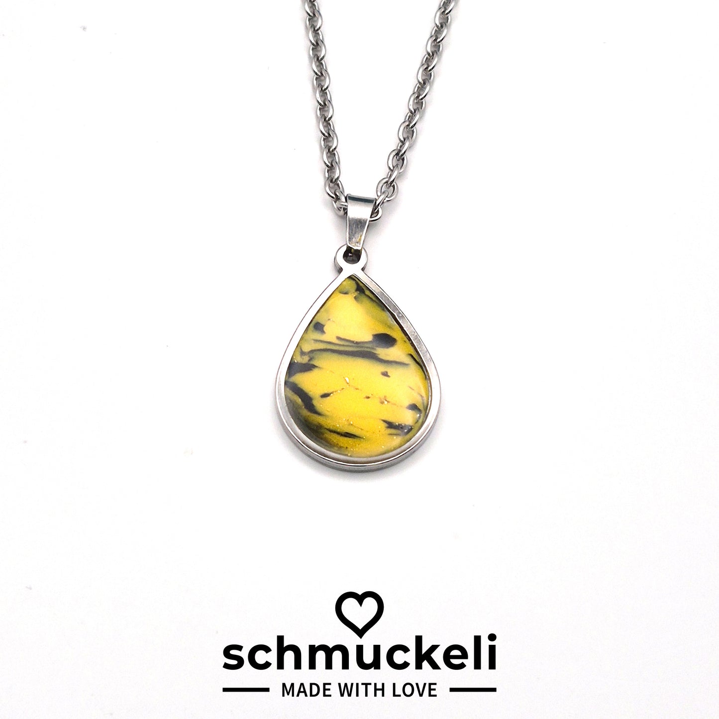 Tropfen Anhänger Sturmgelb – Handgemachter Sonnenwirbel im Edelstahlrahmen, versiegelt mit glänzendem Harz - mit 45 cm langer Edelstahlkette