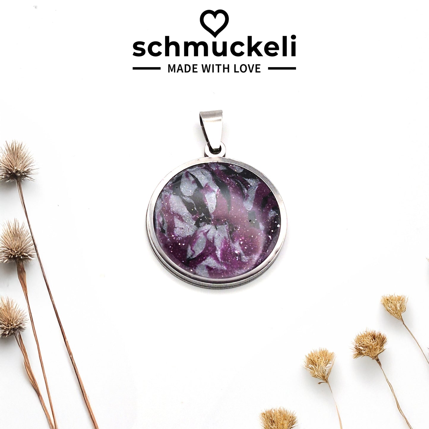 Runder Anhänger Galaxia – Handgefertigter Schmucktraum im Edelstahlrahmen, versiegelt mit glänzendem Harz - mit 45 cm langer Edelstahlkette