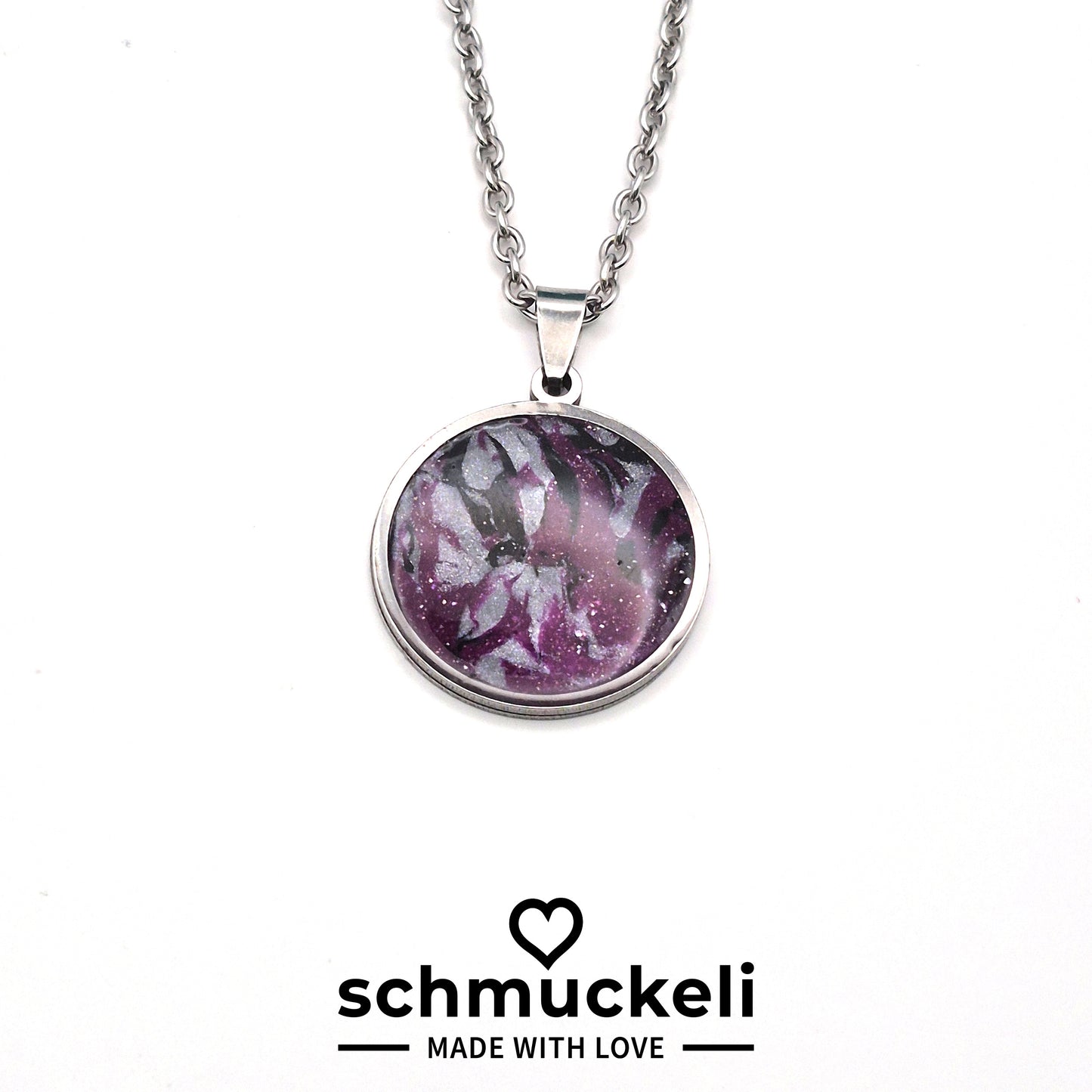 Runder Anhänger Galaxia – Handgefertigter Schmucktraum im Edelstahlrahmen, versiegelt mit glänzendem Harz - mit 45 cm langer Edelstahlkette