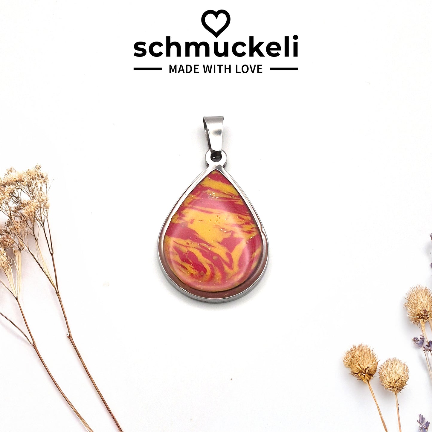 Tropfen Anhänger Feuerglanz – Handgemachter Unikat-Schmuck aus Edelstahl mit leuchtendem Polymer Clay Inlay, versiegelt mit glänzendem Harz - mit 45 cm langer Edelstahlkette