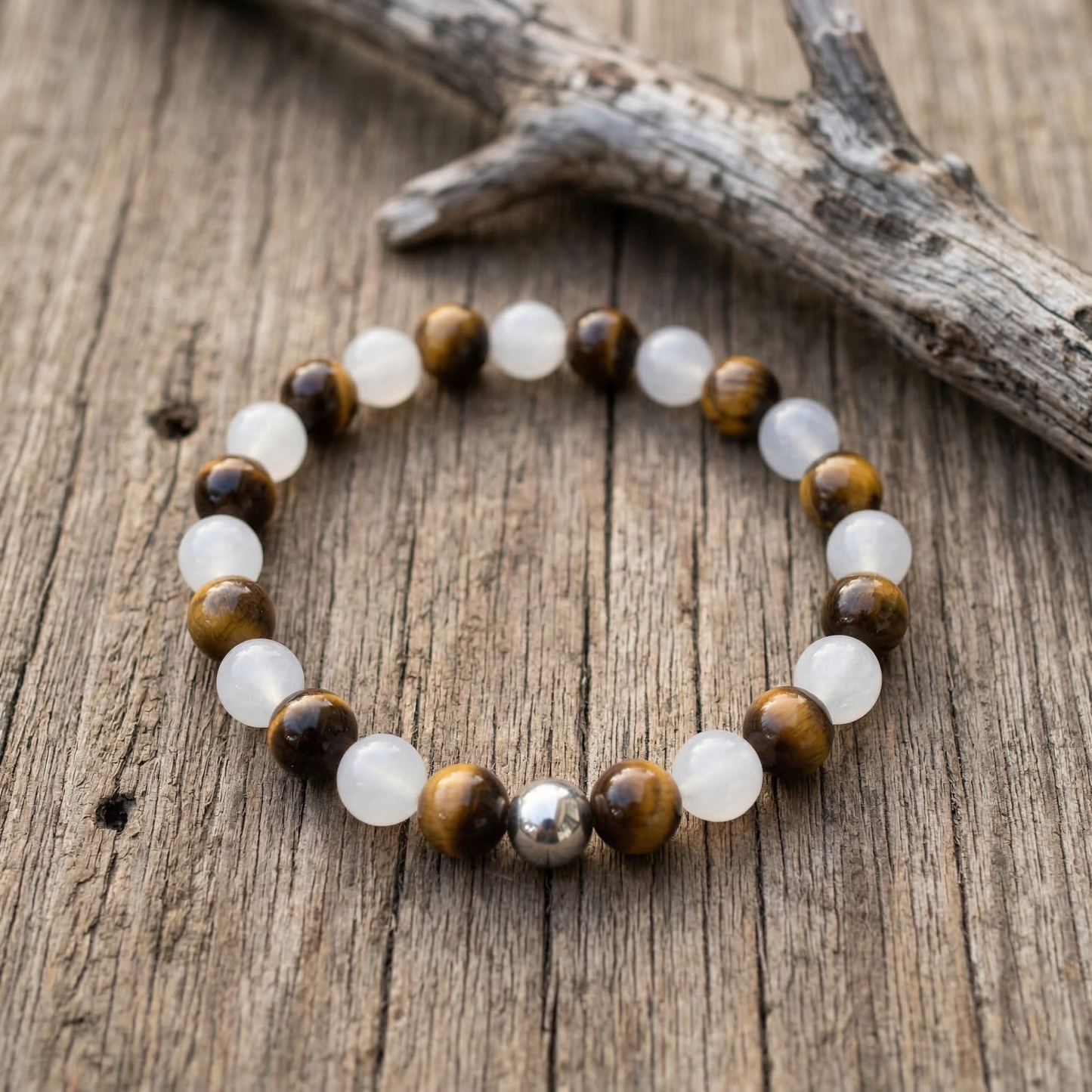 Fokus & Lebenskraft – Armband aus Tigerauge & weißer Jade mit Edelstahl-Akzent