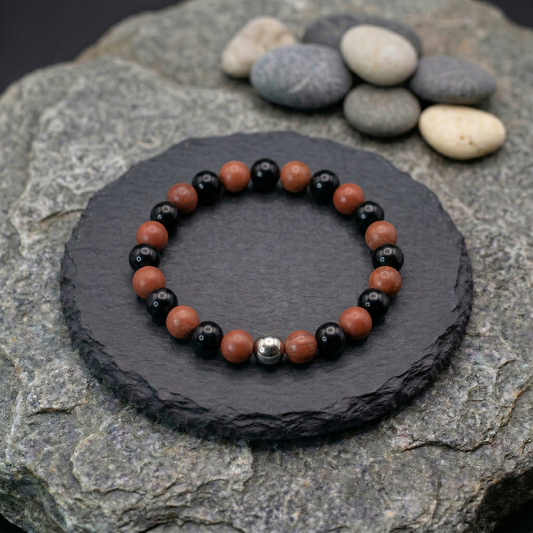 Urkraft & Schutz – Armband aus Obsidian & Rotem Jaspis mit Edelstahl-Akzent
