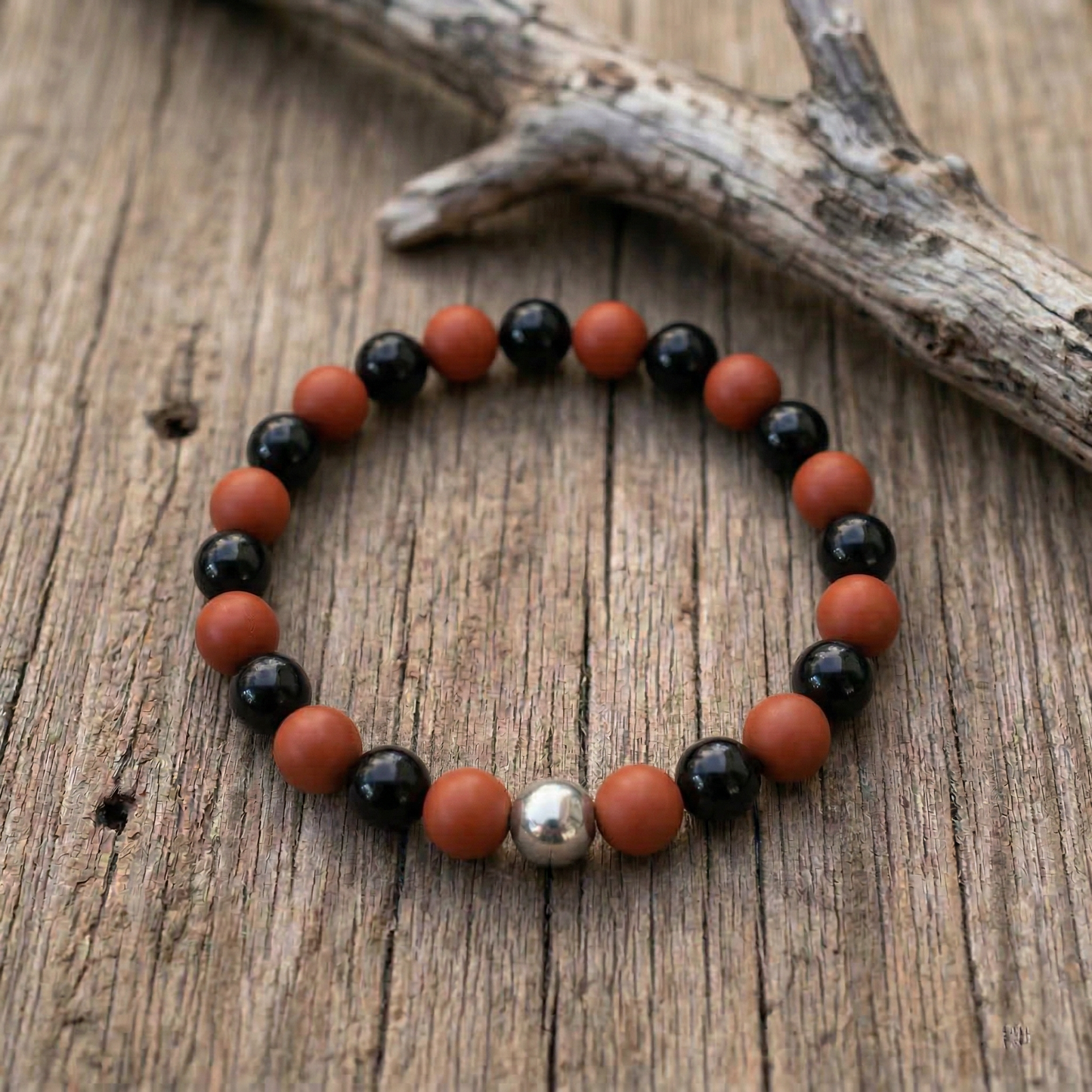Urkraft & Schutz – Armband aus Obsidian & Rotem Jaspis mit Edelstahl-Akzent