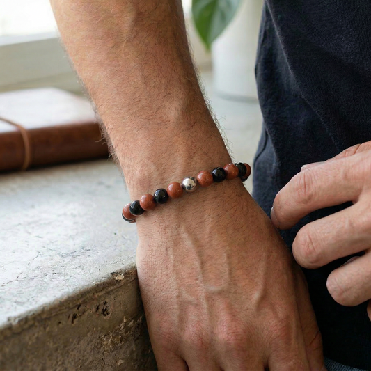 Urkraft & Schutz – Armband aus Obsidian & Rotem Jaspis mit Edelstahl-Akzent