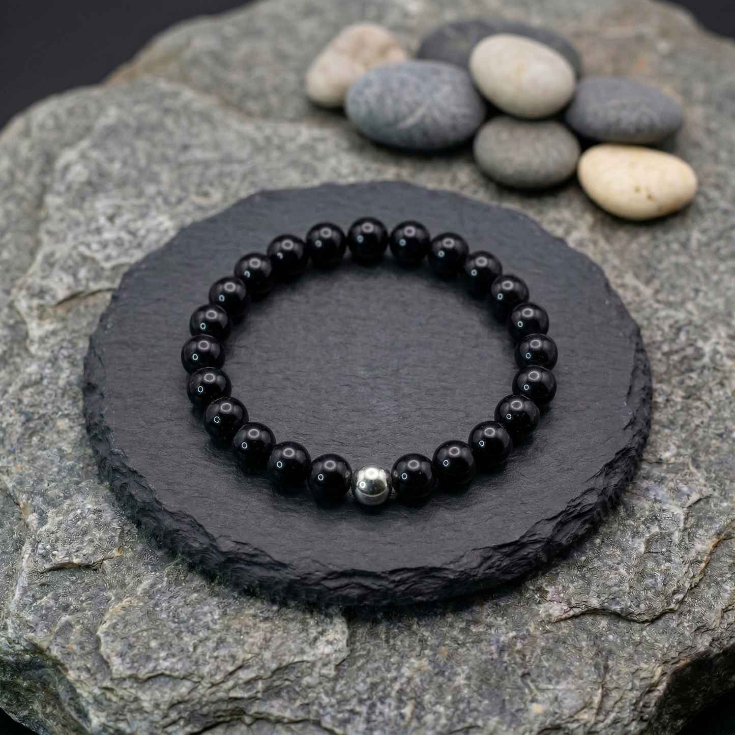Tiefe & Schutz – Armband aus schwarzem Obsidian mit Edelstahl-Akzent