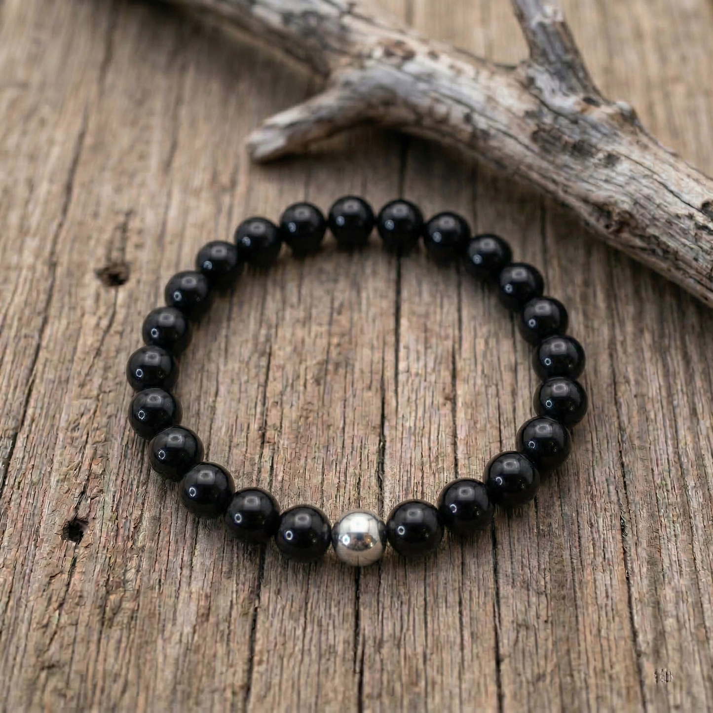 Tiefe & Schutz – Armband aus schwarzem Obsidian mit Edelstahl-Akzent