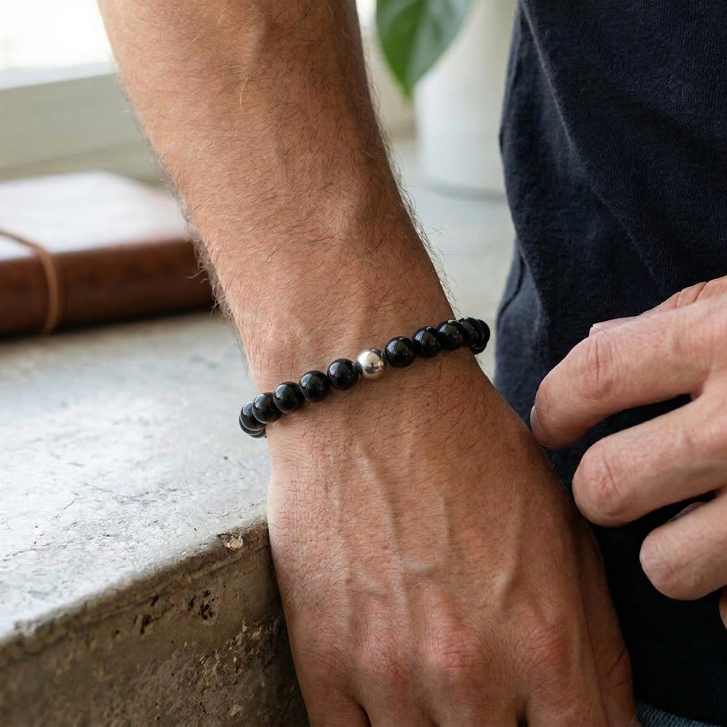 Tiefe & Schutz – Armband aus schwarzem Obsidian mit Edelstahl-Akzent