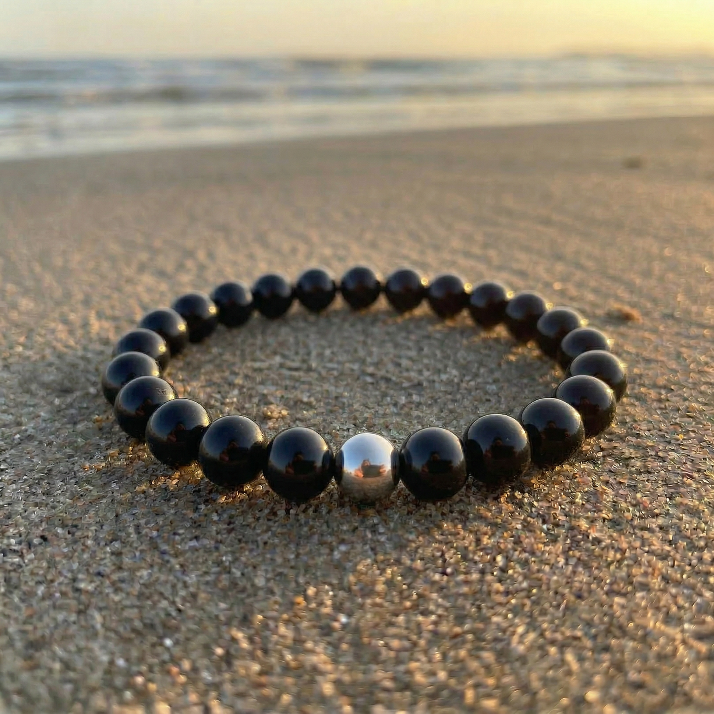 Tiefe & Schutz – Armband aus schwarzem Obsidian mit Edelstahl-Akzent
