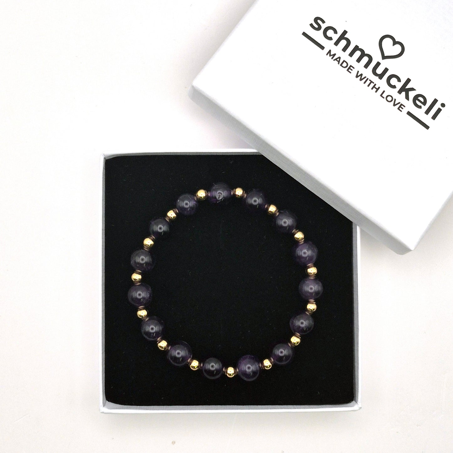 Perlenarmband Noirae - Amethyst und vergoldete Edelstahlperlen