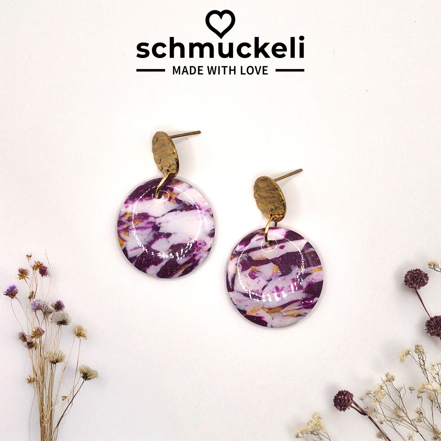 Amethysta – Marmorierte Ohrringe in Lila, Weiß & Gold