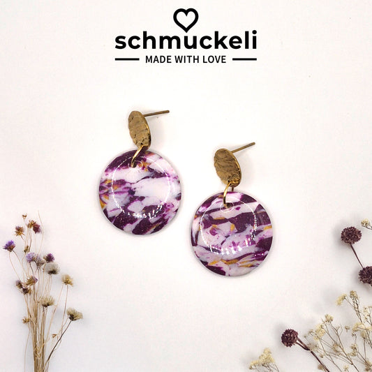 Amethysta – Marmorierte Ohrringe in Lila, Weiß & Gold