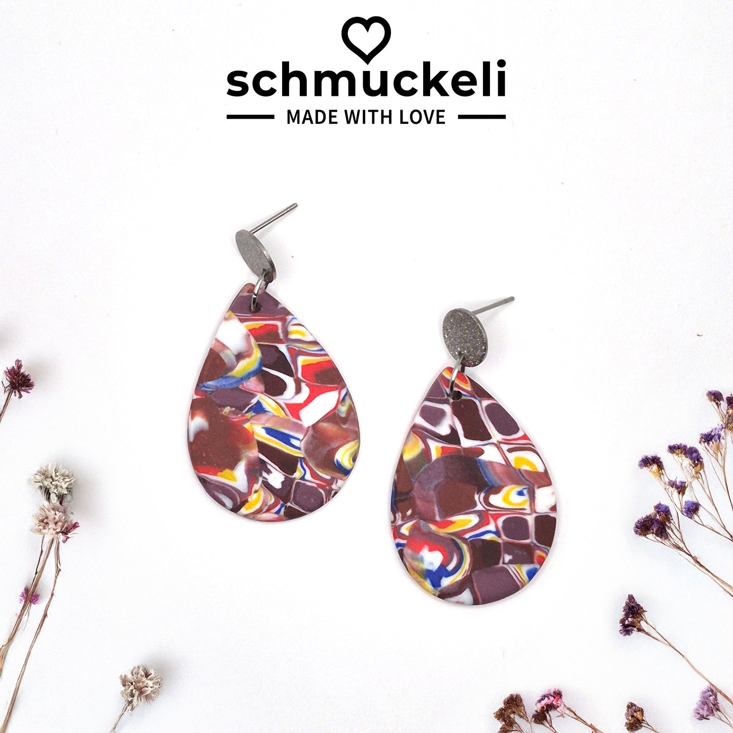 Wirbela – Bunte Tropfen-Ohrringe aus Polymer Clay