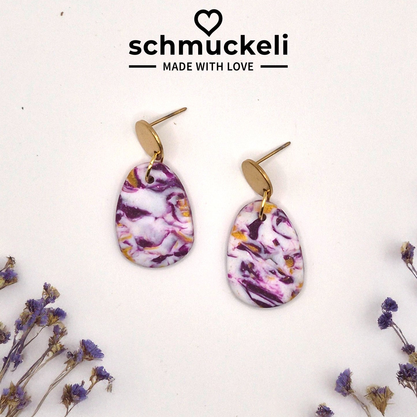 Beerenrausch  – Marmorierte Ohrringe in Lila & Gold aus Polymer Clay