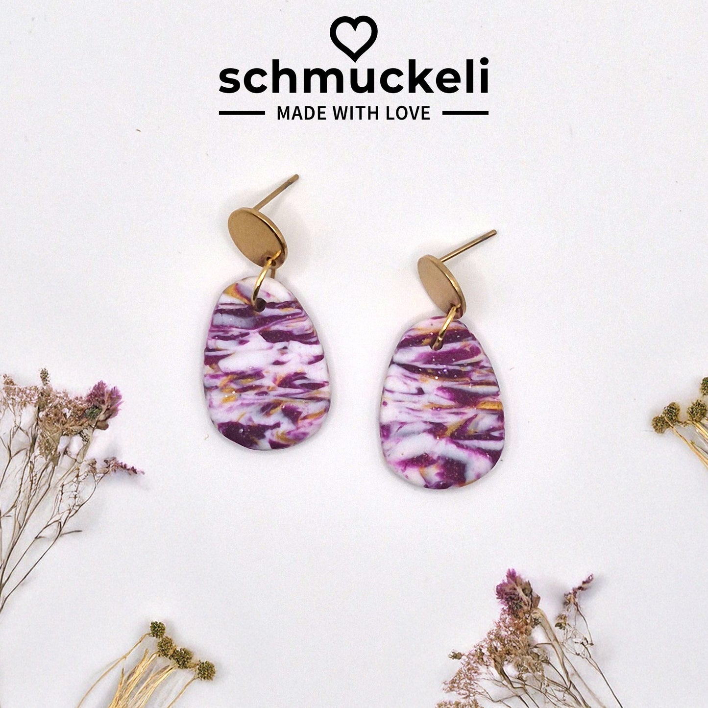 Beerenrausch  – Marmorierte Ohrringe in Lila & Gold aus Polymer Clay