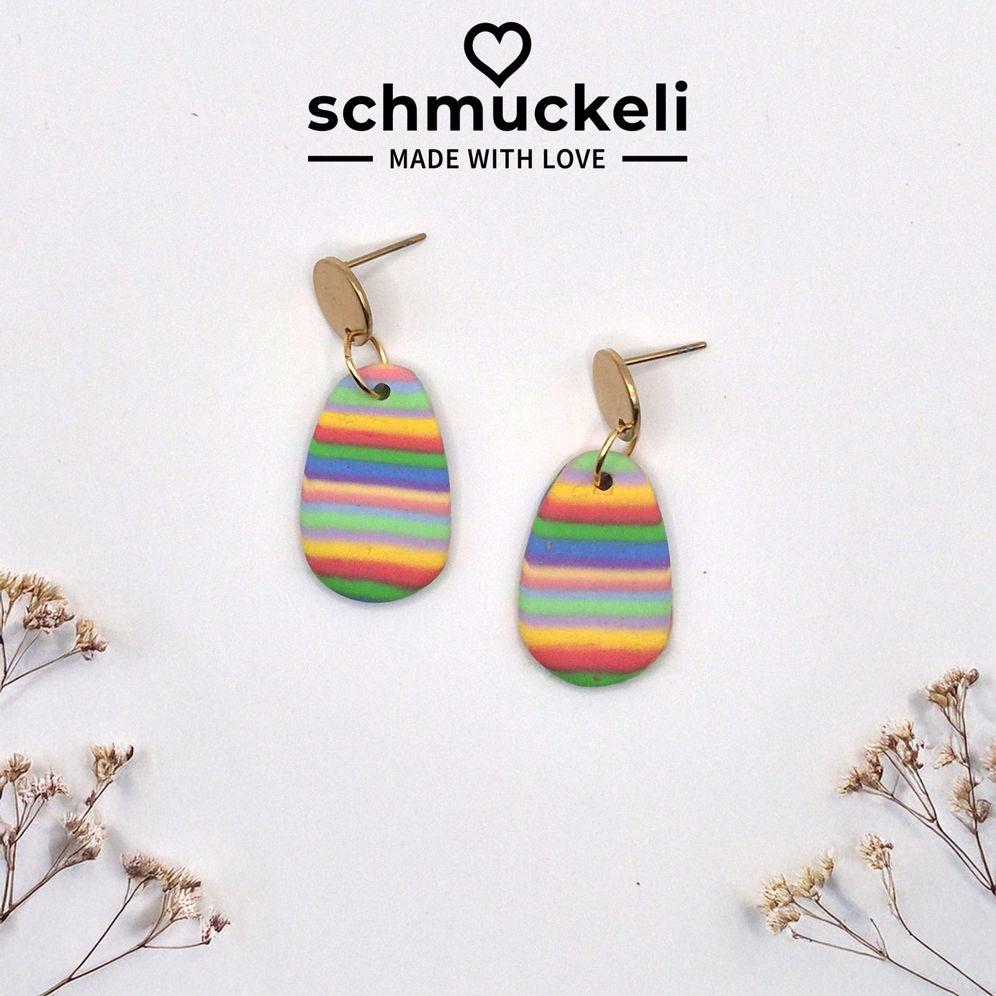 Regenfreude – Ovale Ohrringe in Regenbogenfarben aus Polymer Clay