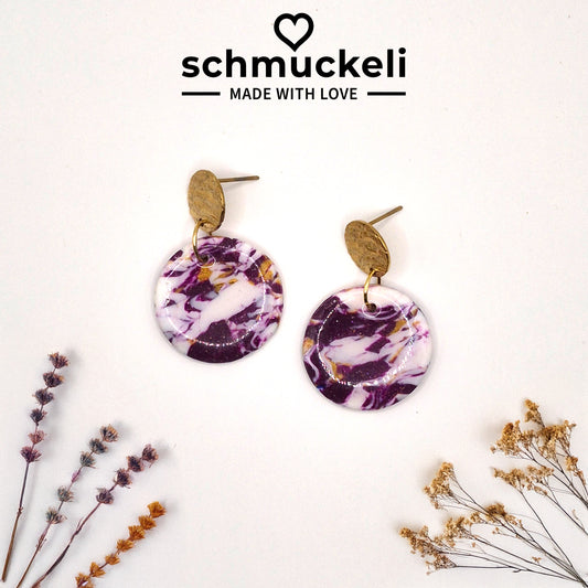 Amethysta – Marmorierte Ohrringe in Lila, Weiß & Gold