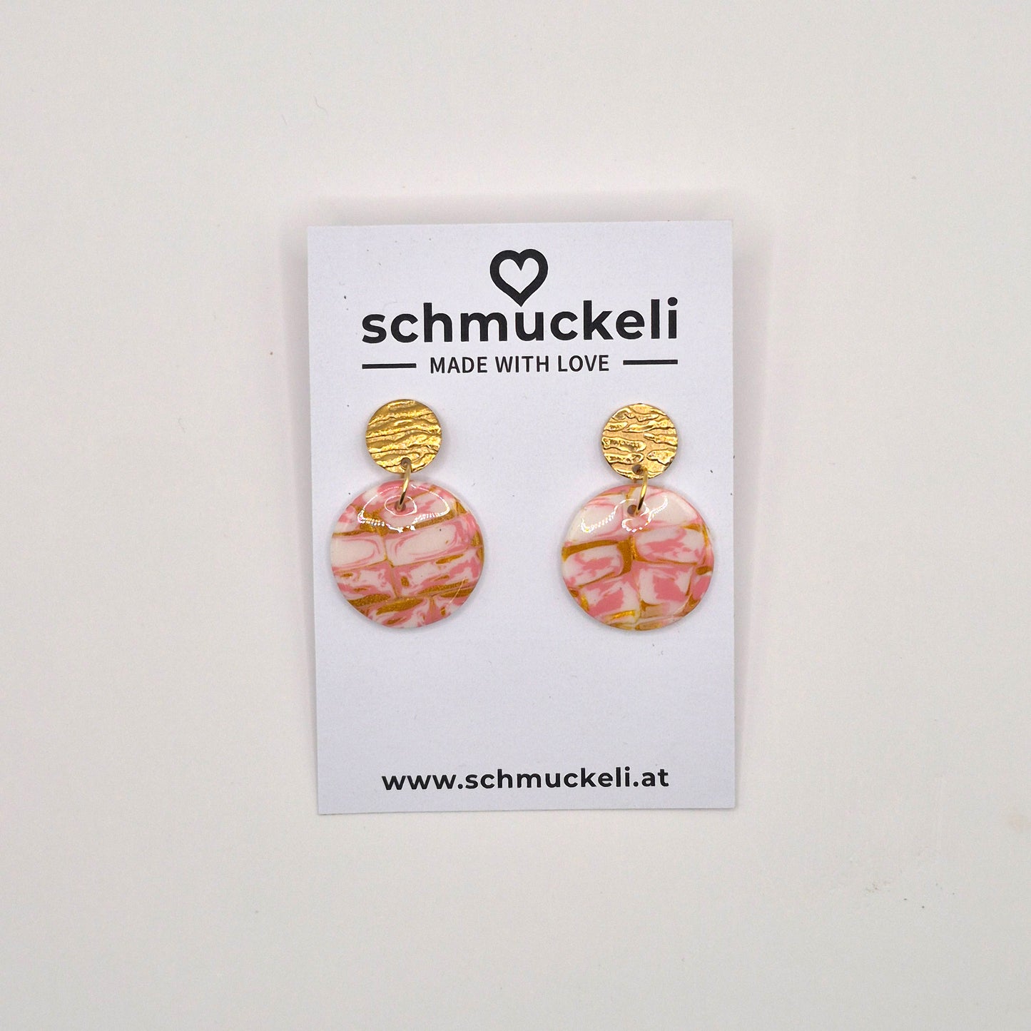 Seelenrosa – Handgemachte Ohrringe in Rosa-Weißer Marmoroptik mit Goldakzenten