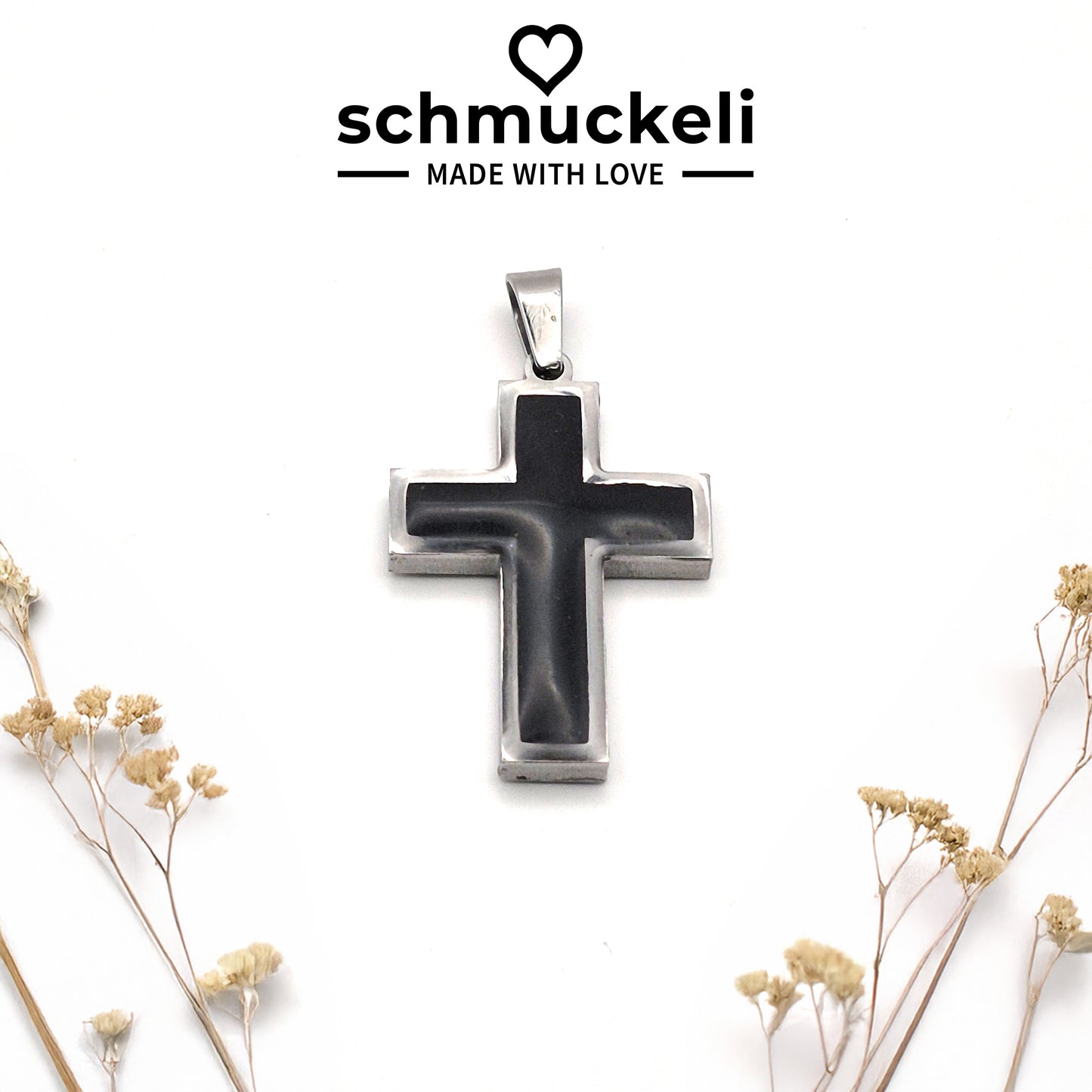 Kraftkreuz Nachtglanz – Schwarzer Kreuzanhänger aus Edelstahl & Polymer Clay - mit 45 cm langer Edelstahlkette