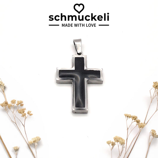 Kraftkreuz Nachtglanz – Schwarzer Kreuzanhänger aus Edelstahl & Polymer Clay - mit 45 cm langer Edelstahlkette