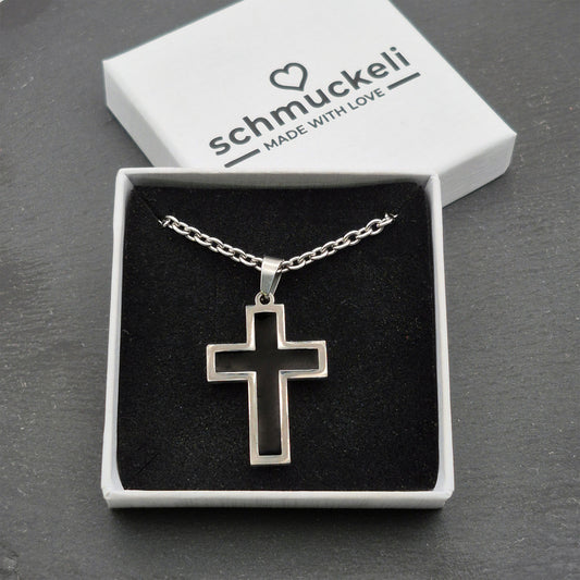 Kraftkreuz Nachtglanz – Schwarzer Kreuzanhänger aus Edelstahl & Polymer Clay - mit 45 cm langer Edelstahlkette