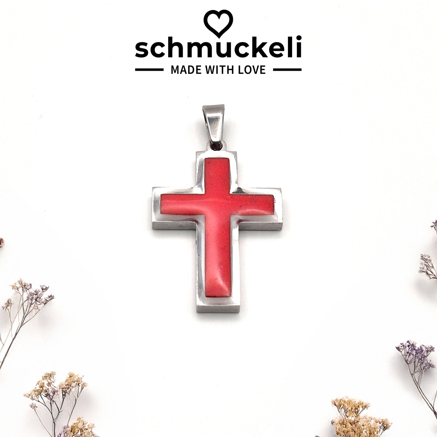 Kraftkreuz Glanzrot – Roter Kreuzanhänger aus Edelstahl & Polymer Clay - mit 45 cm langer Edelstahlkette