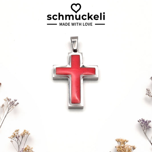 Kraftkreuz Glanzrot – Roter Kreuzanhänger aus Edelstahl & Polymer Clay - mit 45 cm langer Edelstahlkette